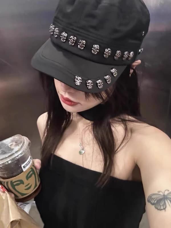 デニム キャスケット ドクロ飾り レディース 帽子