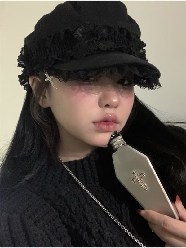 レース付き コーデュロイ キャスケット 十字架モチーフ