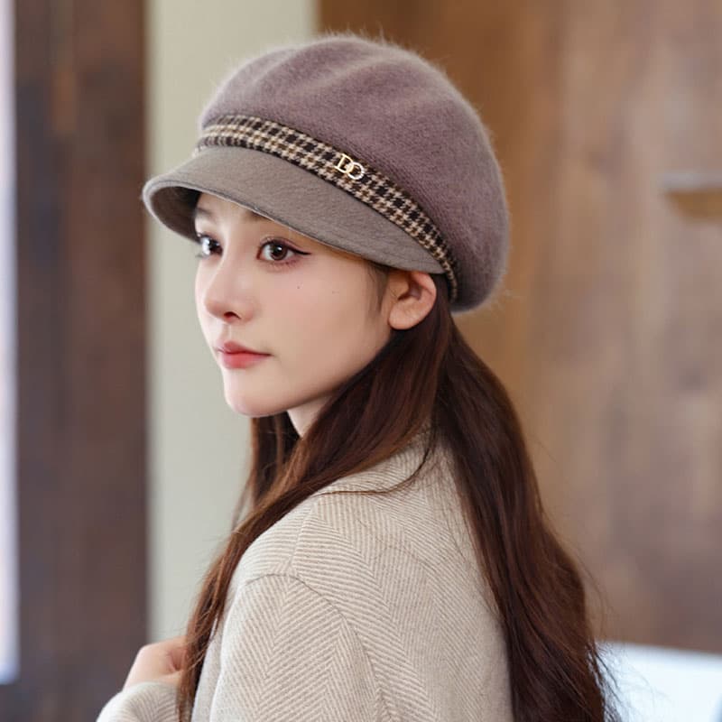 キャスケット　ハウンドトゥース飾り付き暖かキャスケット