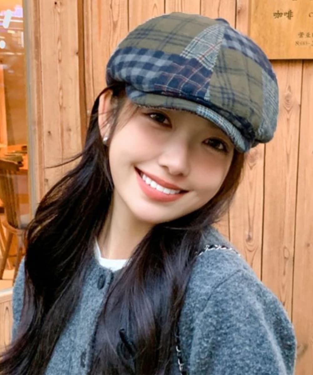 キャスケット レディース チェック柄ツイード 防寒帽子