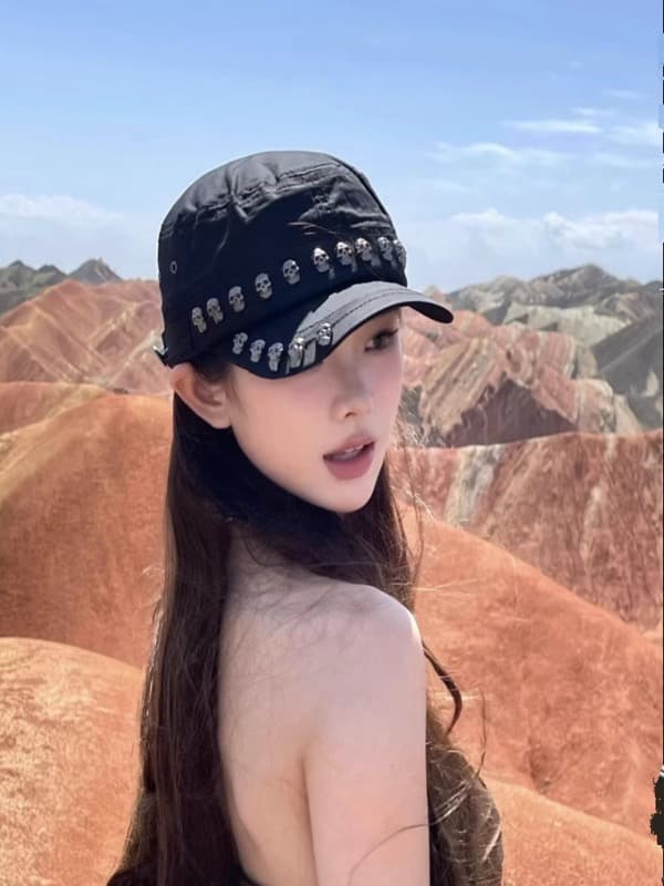 デニム キャスケット ドクロ飾り レディース 帽子