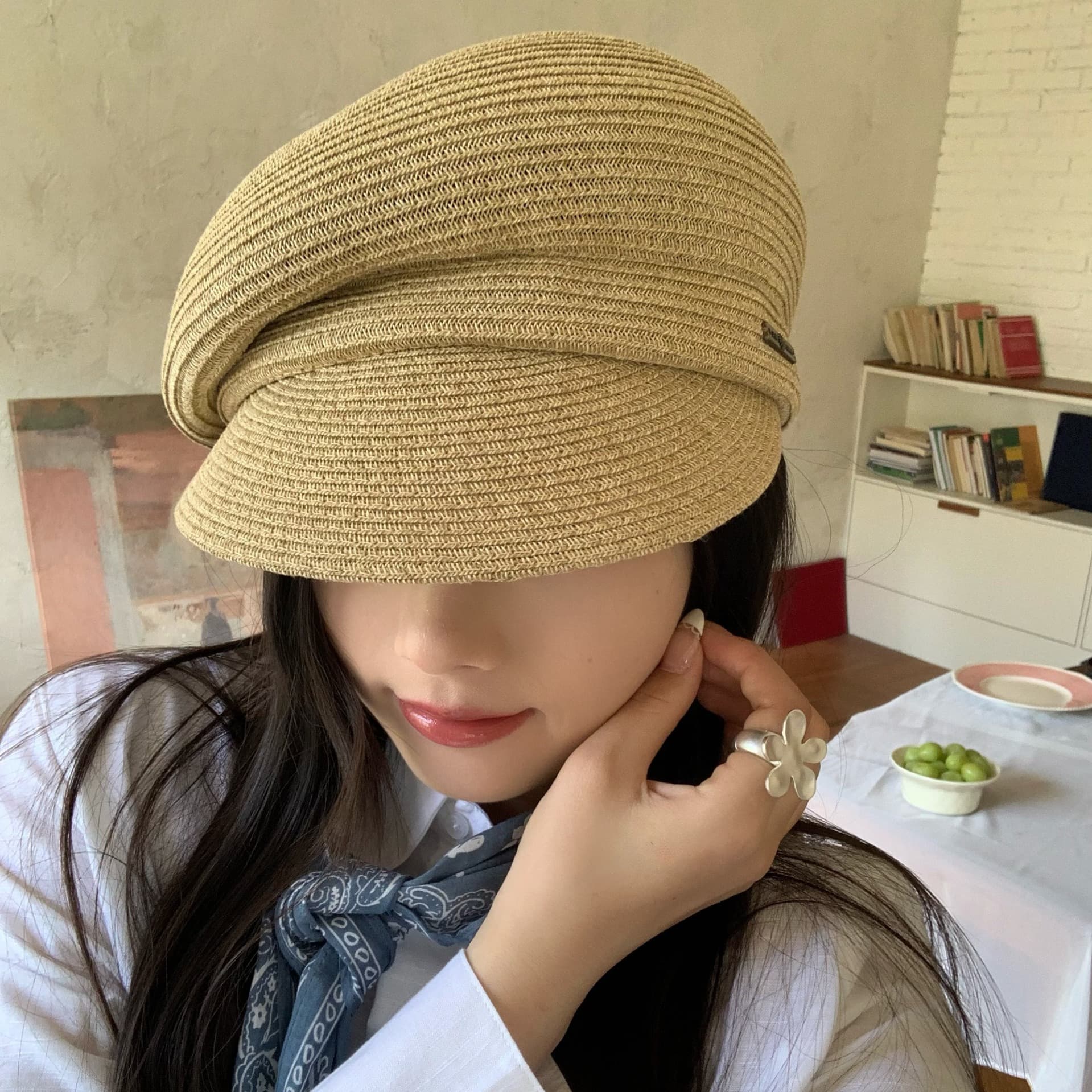 キャスケット 優雅なドレープ麦わらキャスケット