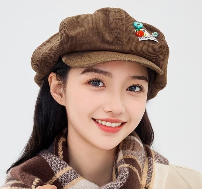 キャスケット 甘味リボン付きコーデュロイキャスケット