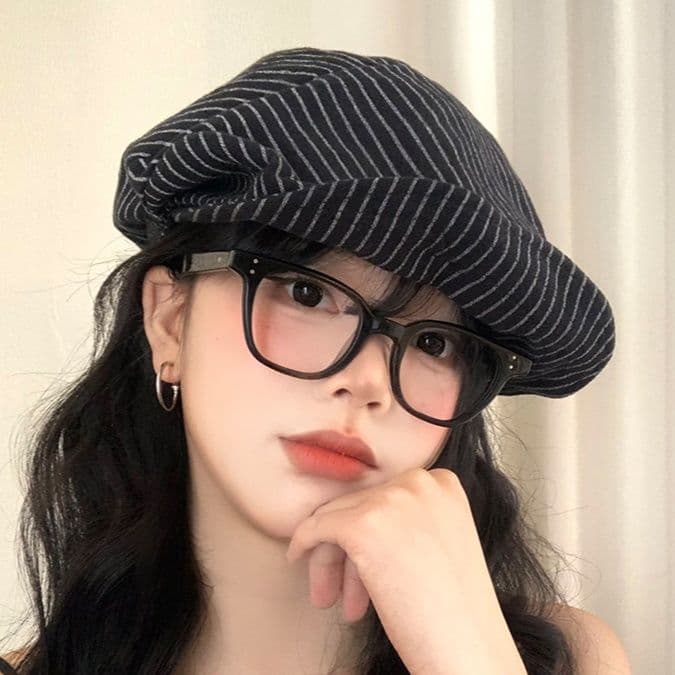 キャスケット　縞模様のリネンキャスケット帽