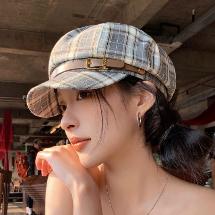 キャスケット 格子柄リネンベルト付きキャスケット