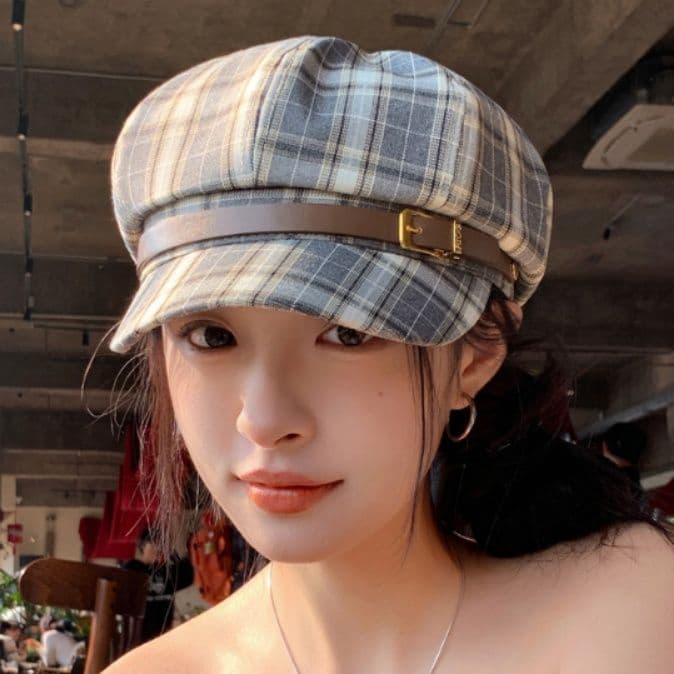 キャスケット 格子柄リネンベルト付きキャスケット