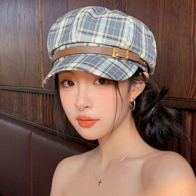 キャスケット 格子柄リネンベルト付きキャスケット