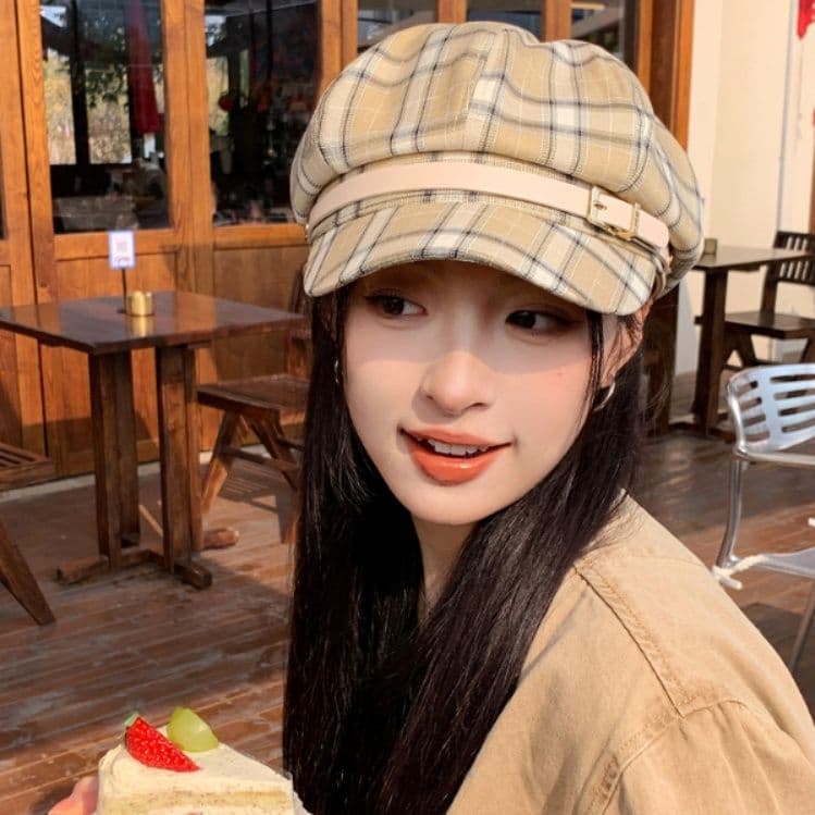 キャスケット 格子柄リネンベルト付きキャスケット