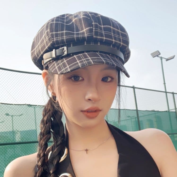 キャスケット 格子柄リネンベルト付きキャスケット