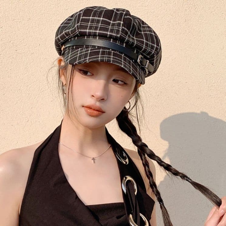 キャスケット 格子柄リネンベルト付きキャスケット