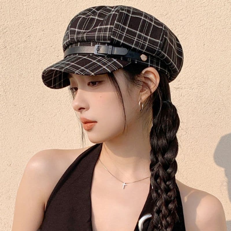 キャスケット 格子柄リネンベルト付きキャスケット