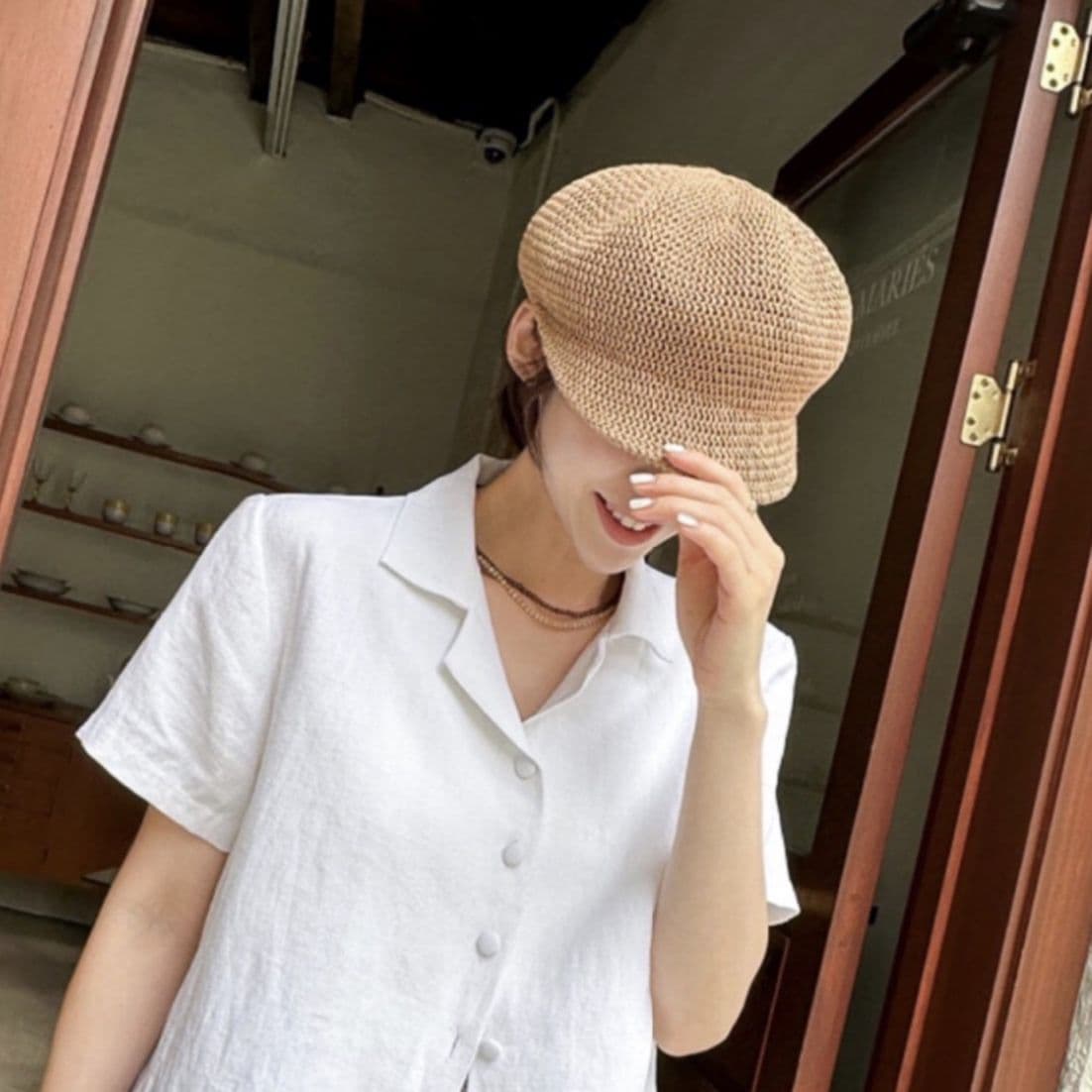 キャスケット 涼やか麦わらメッシュキャスケット