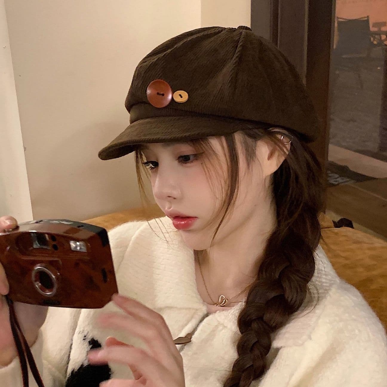 キャスケット ボタン飾り コーデュロイキャスケット