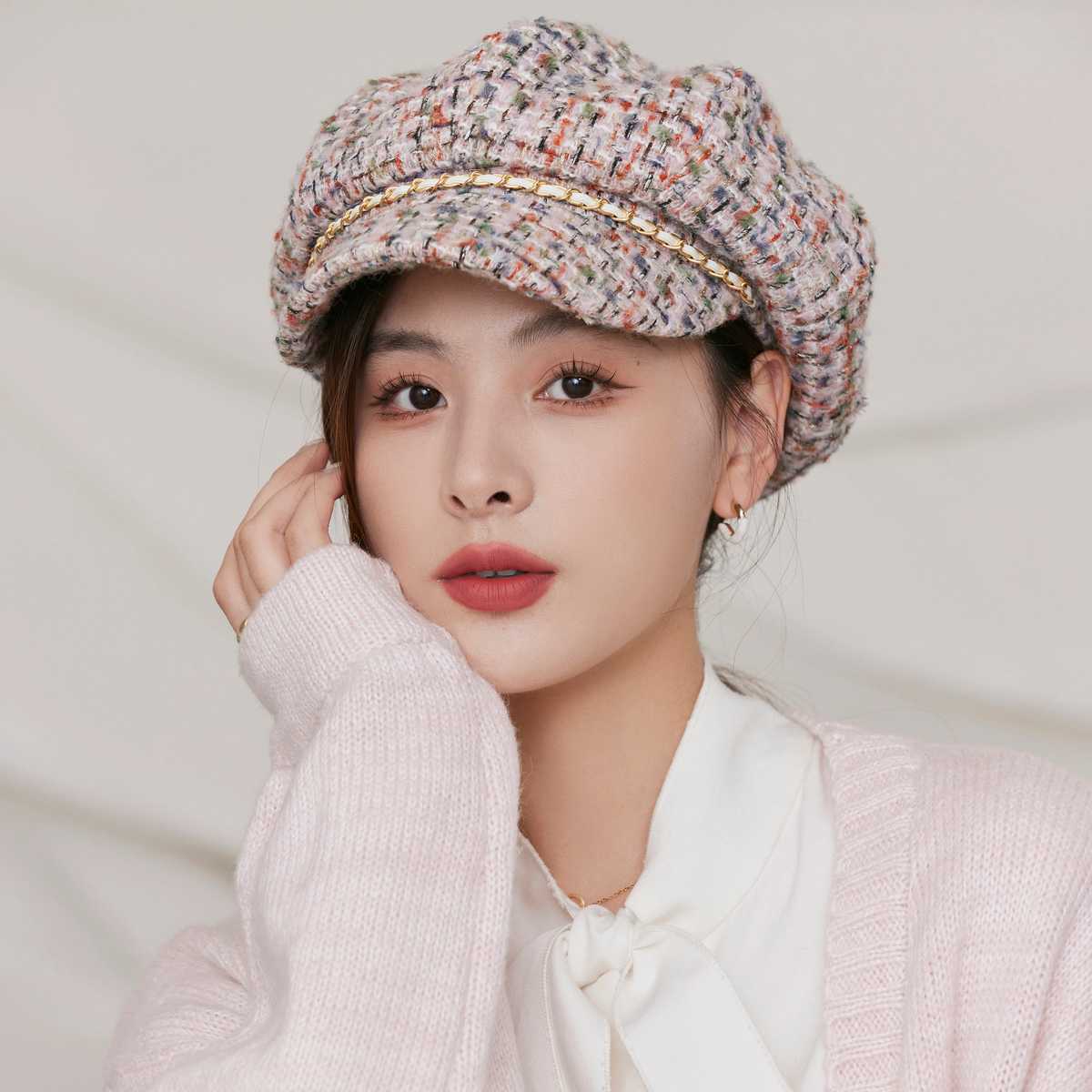 キャスケット 彩織りチェーン装飾ツイードキャスケット