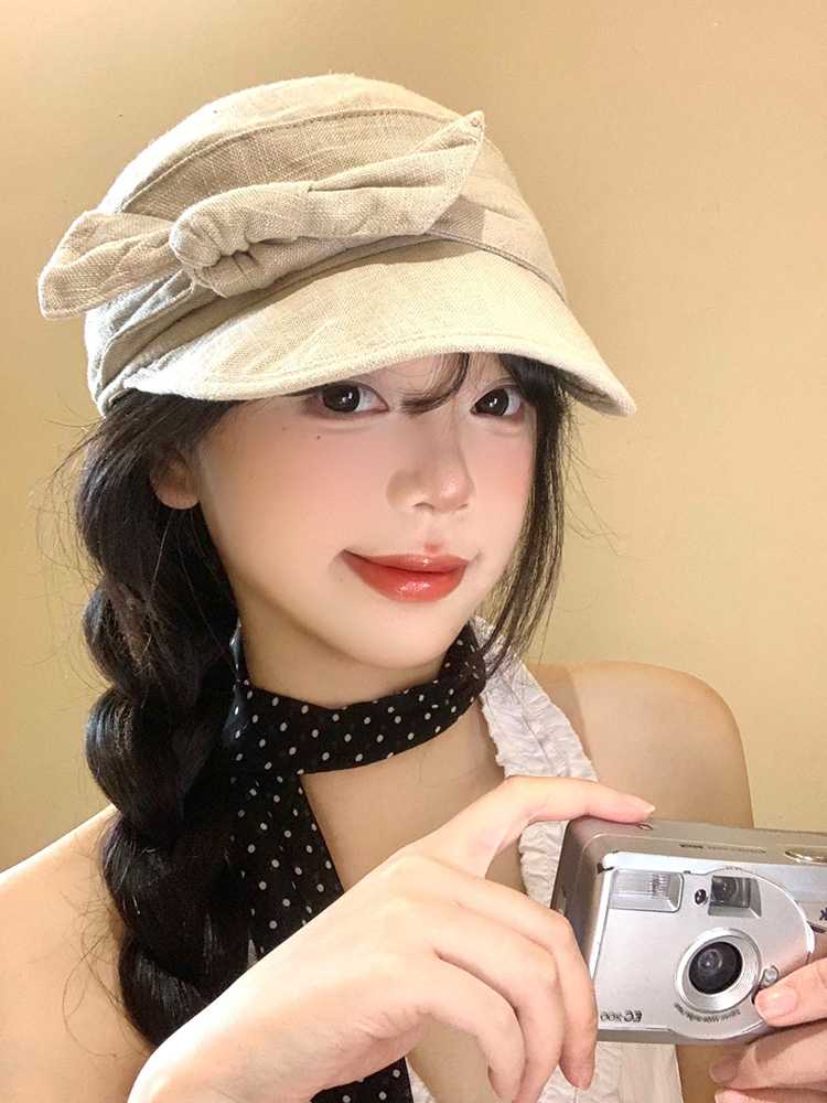 キャスケット リボン結び麻混キャスケット