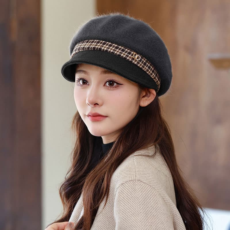 キャスケット　ハウンドトゥース飾り付き暖かキャスケット