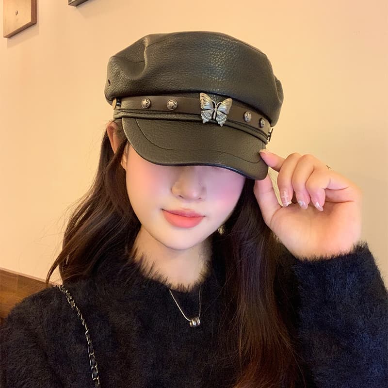 蝶モチーフ飾り革キャスケット