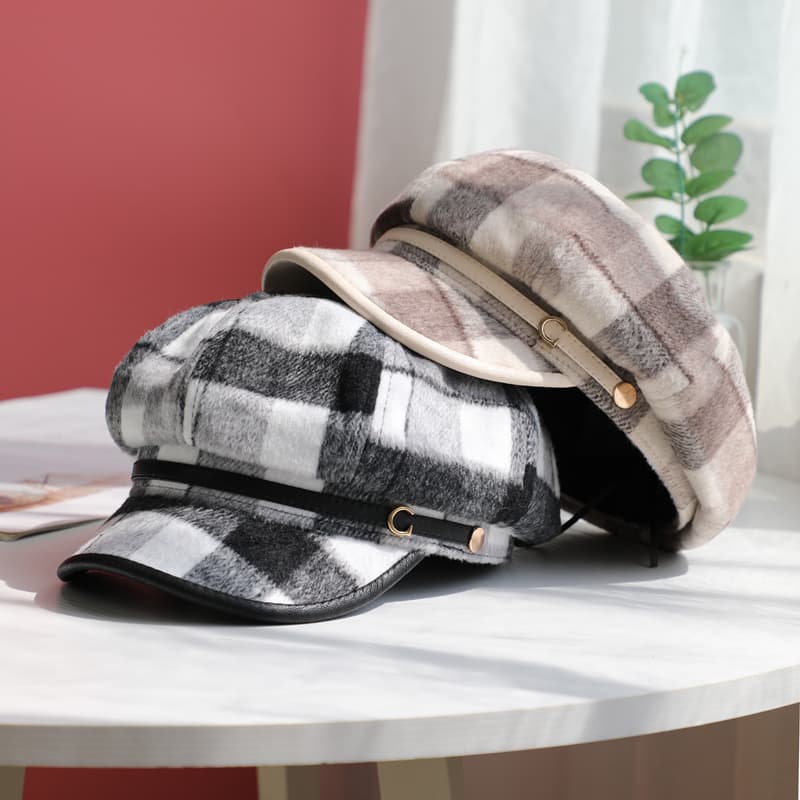 キャスケット　格子柄ツイードキャスケット帽