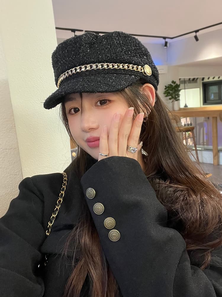 キャスケット 煌めき鎖飾りマリンツイードキャスケット