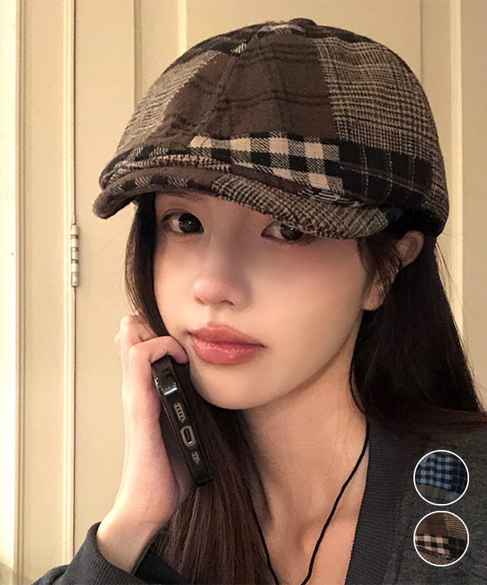 キャスケット レディース チェック柄ツイード 防寒帽子