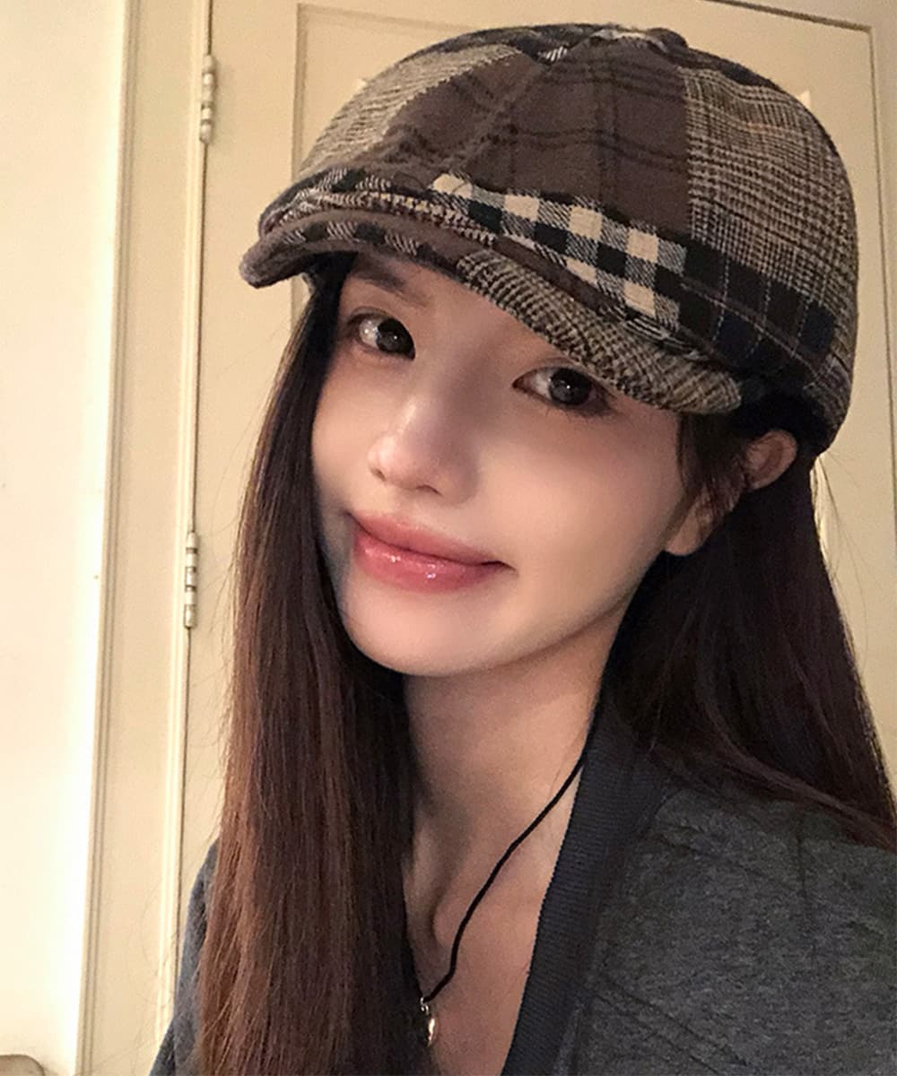 キャスケット レディース チェック柄ツイード 防寒帽子