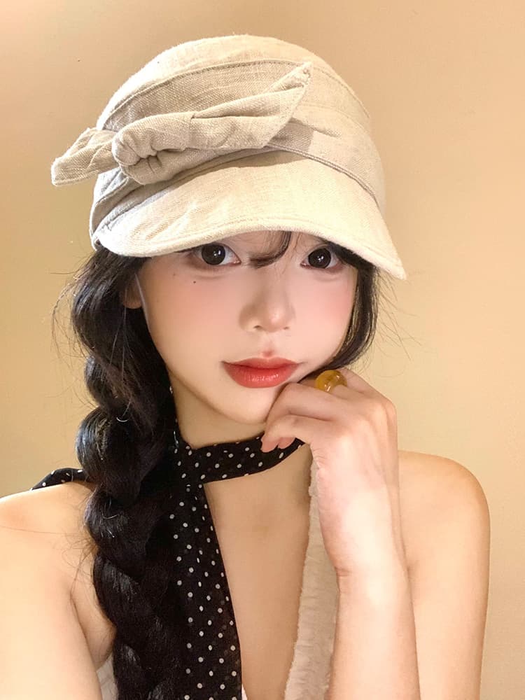 キャスケット リボン結び麻混キャスケット