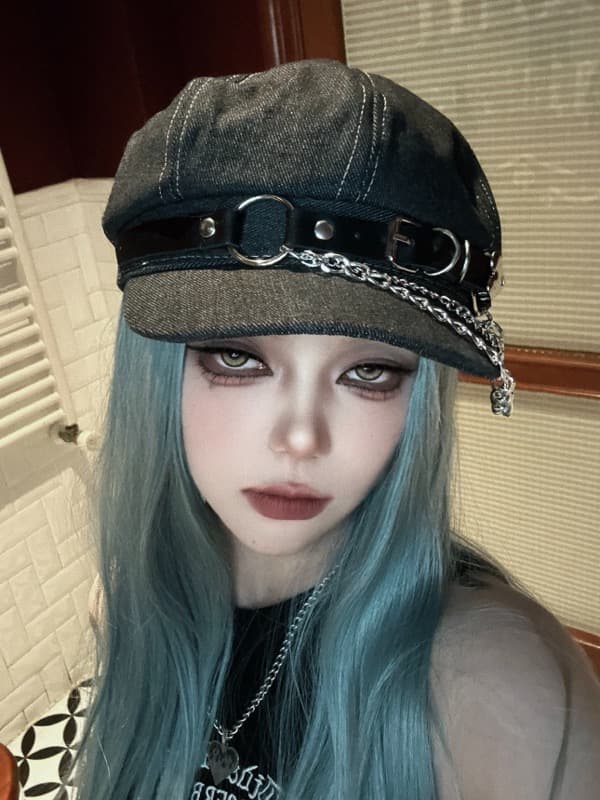 レザーベルト付き デニムキャスケット レディース 帽子