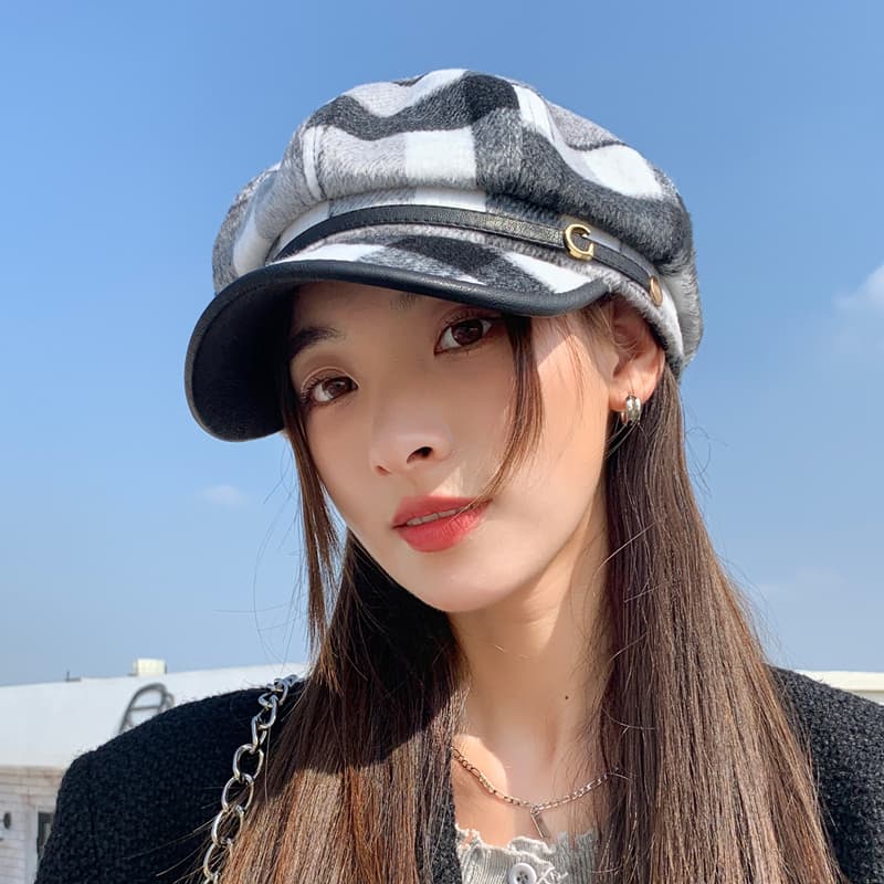 キャスケット　格子柄ツイードキャスケット帽