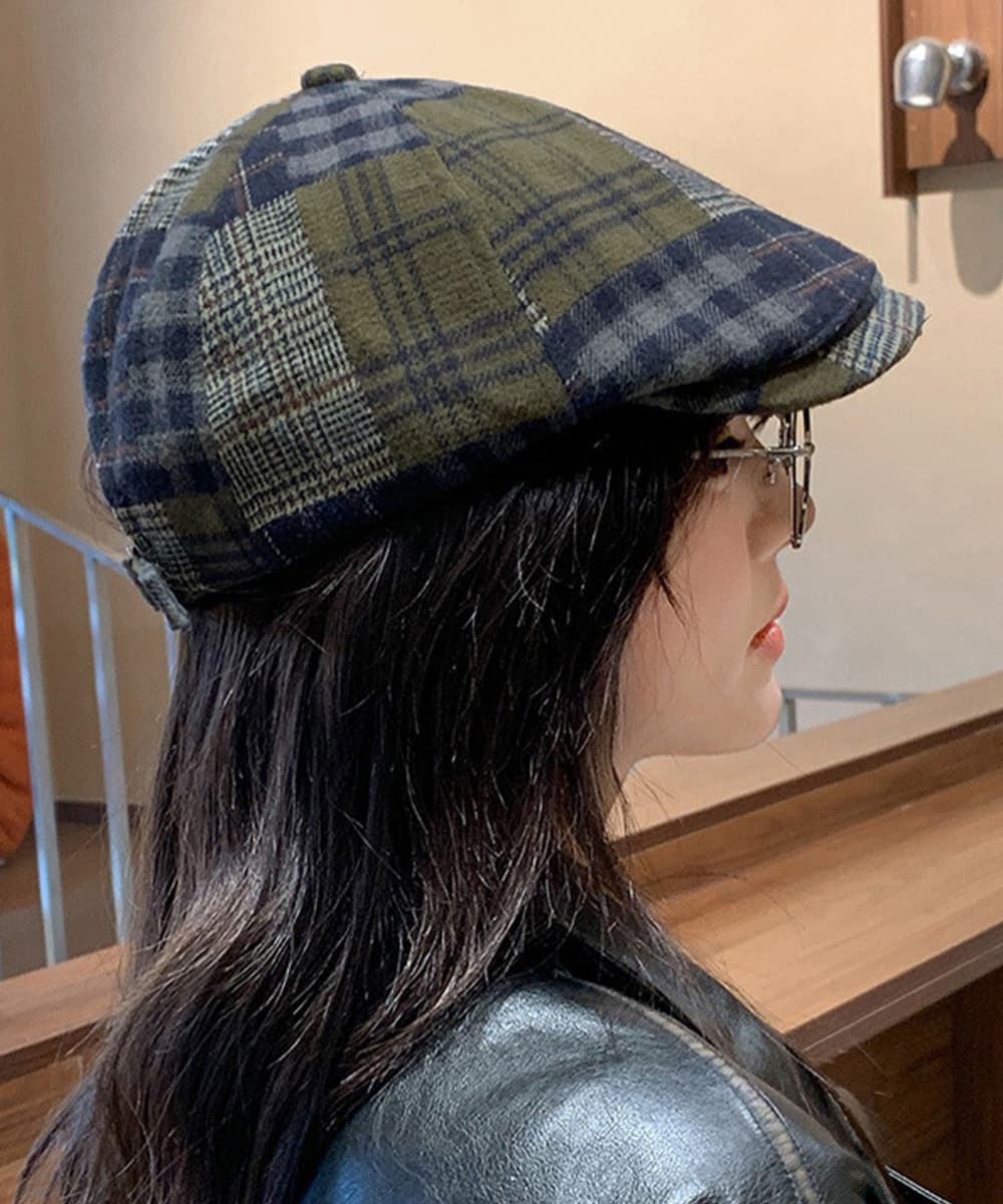 キャスケット レディース チェック柄ツイード 防寒帽子