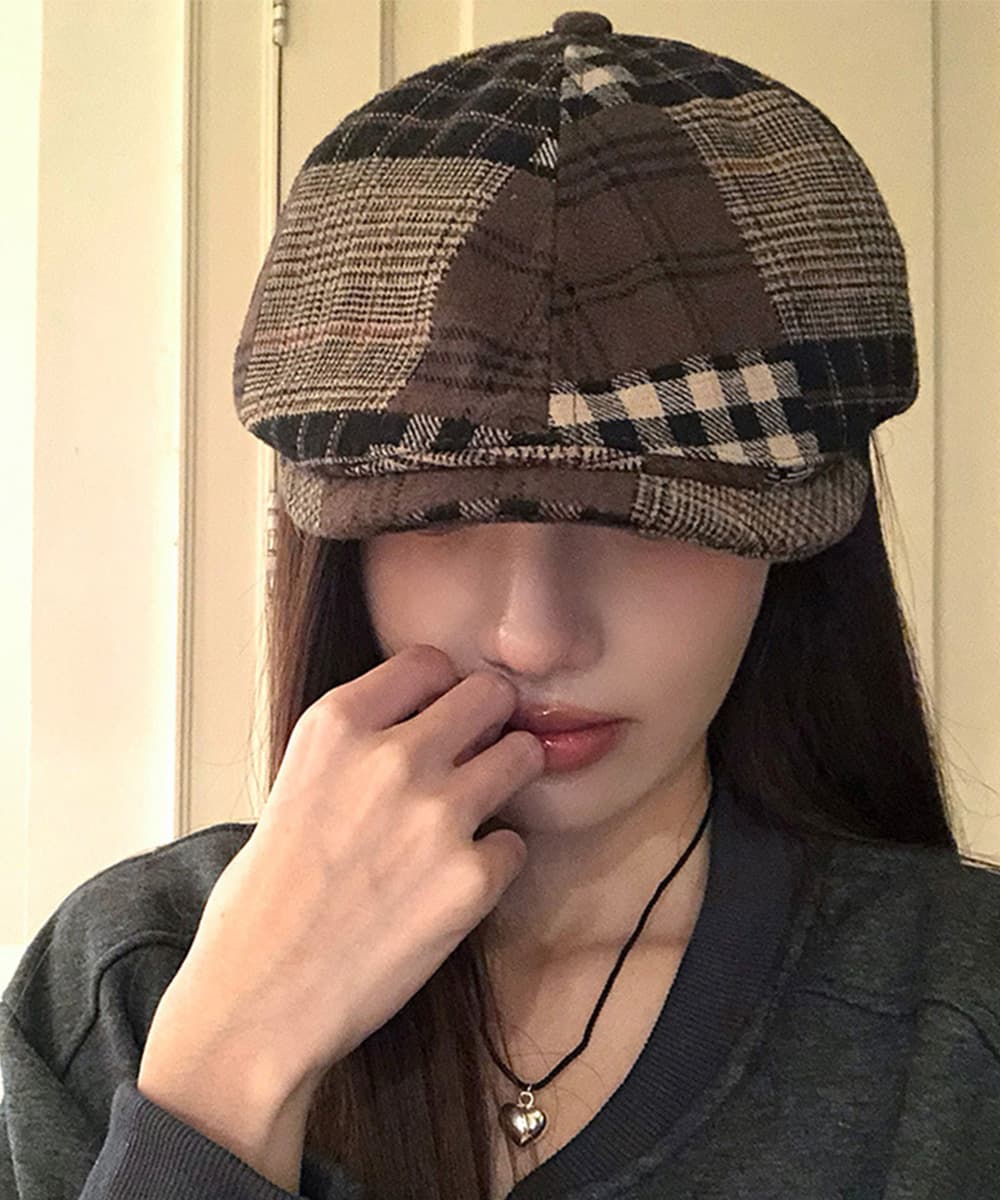キャスケット レディース チェック柄ツイード 防寒帽子