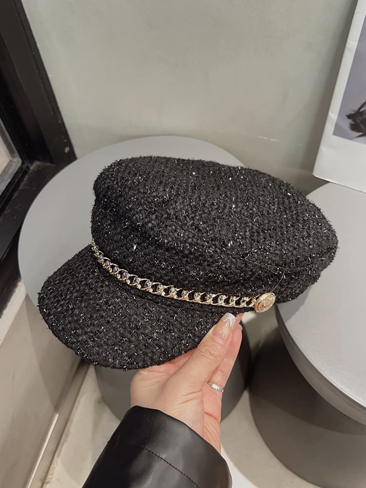 キャスケット 煌めき鎖飾りマリンツイードキャスケット