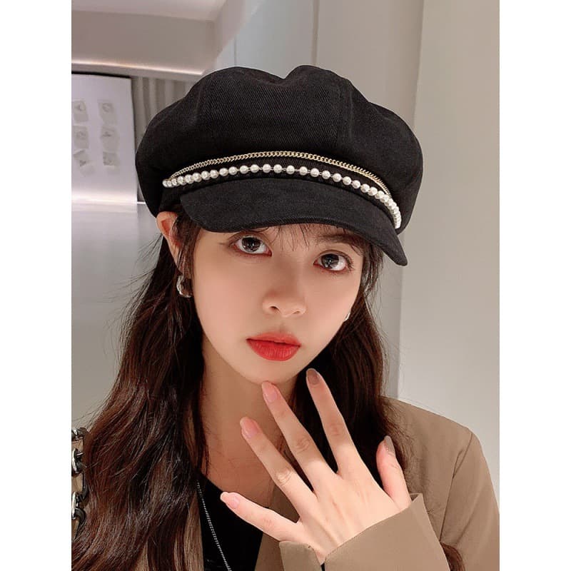 韓国風 パール装飾 マリンキャップ キャスケット 小顔効果 レディース ウール