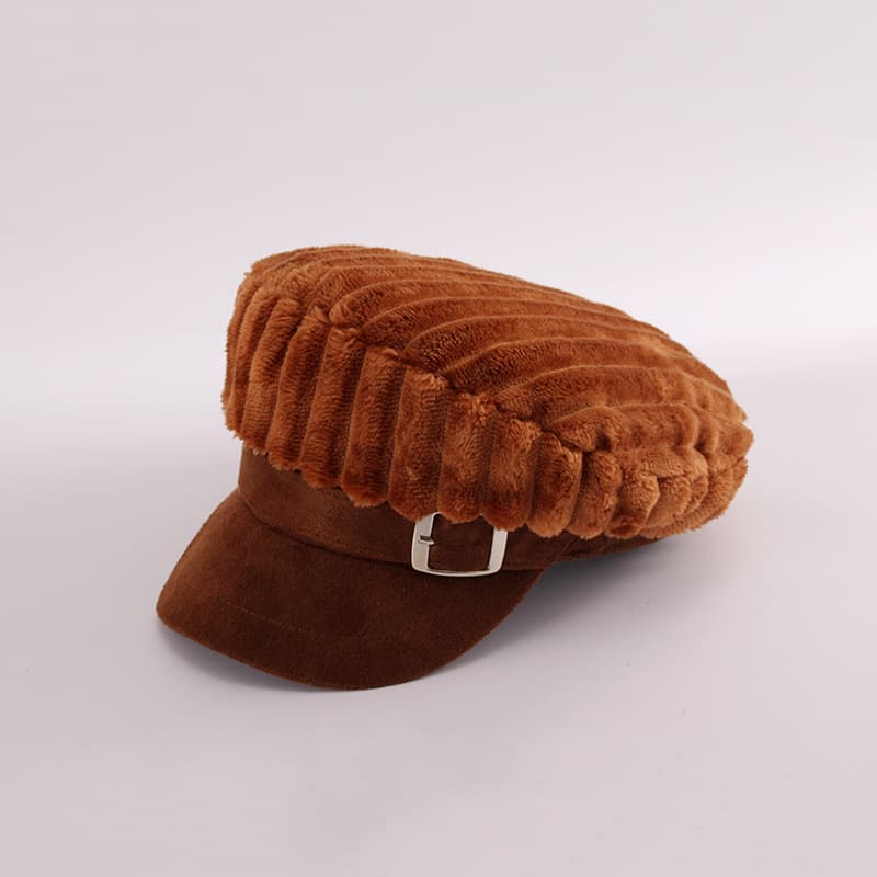 もこもこ素材つばありキャスケット防寒帽子　コーデュロイ