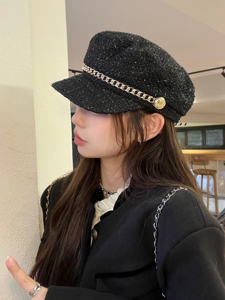 キャスケット 煌めき鎖飾りマリンツイードキャスケット