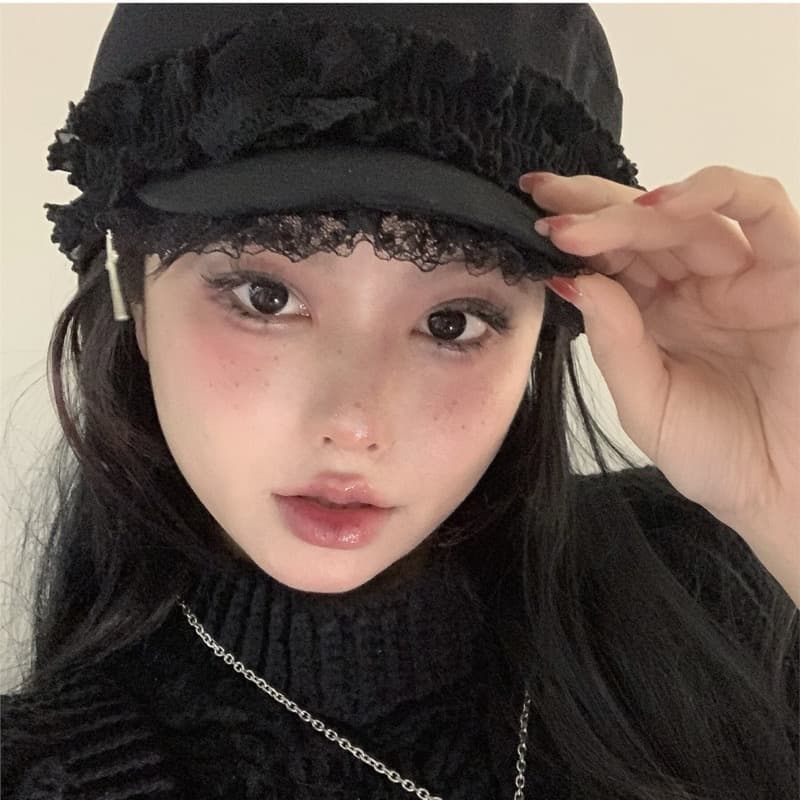 レース付き コーデュロイ キャスケット 十字架モチーフ