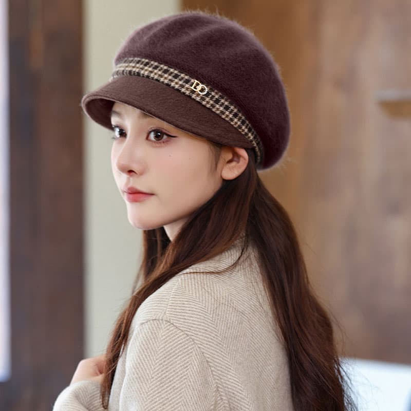 キャスケット　ハウンドトゥース飾り付き暖かキャスケット