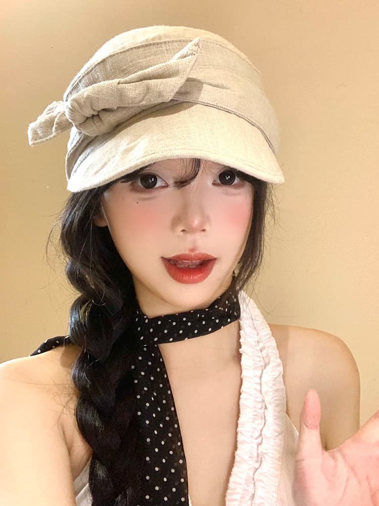 キャスケット リボン結び麻混キャスケット