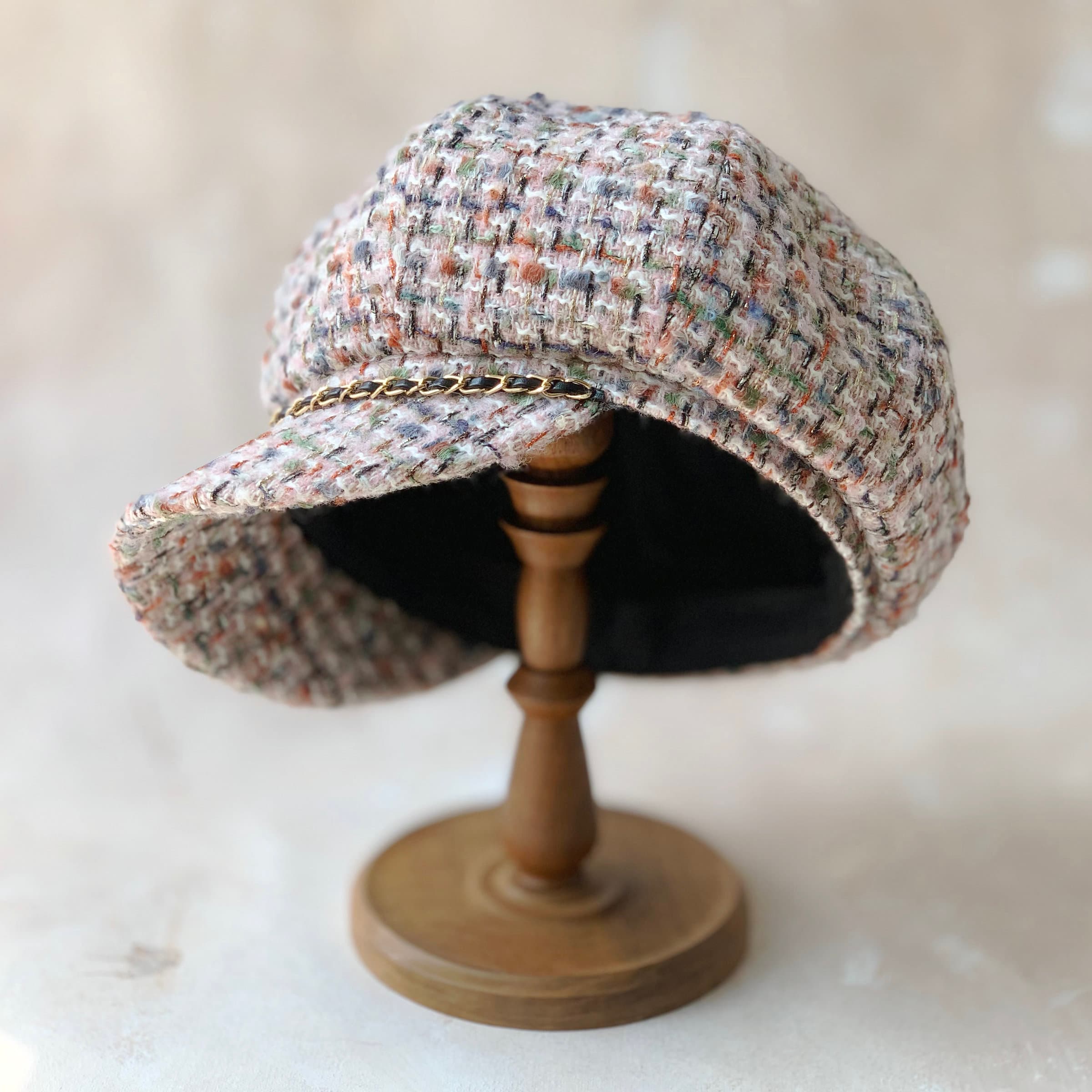 キャスケット 彩織りチェーン装飾ツイードキャスケット