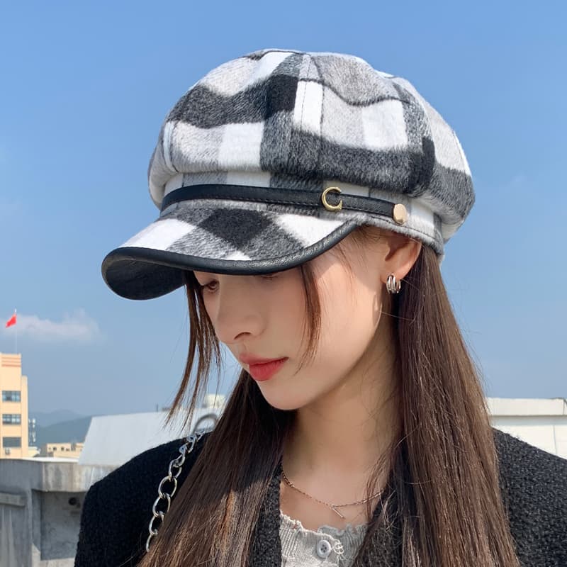 キャスケット　格子柄ツイードキャスケット帽