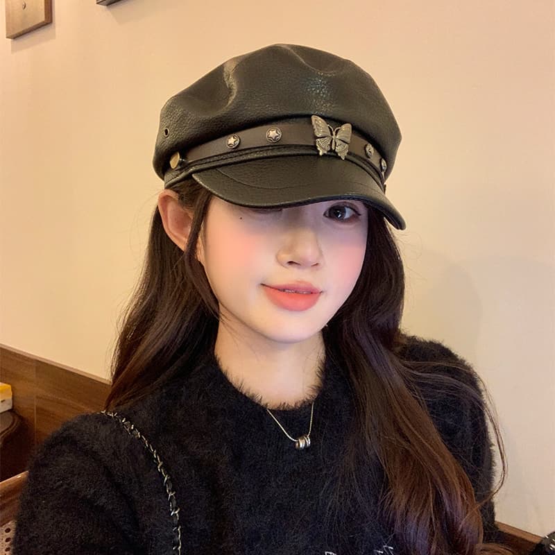 蝶モチーフ飾り革キャスケット