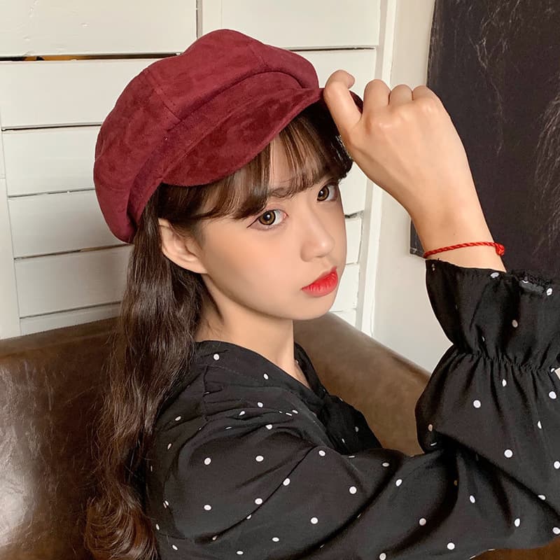秋冬新作 レディース スエード調キャスケット 無地 防寒帽子　ウール