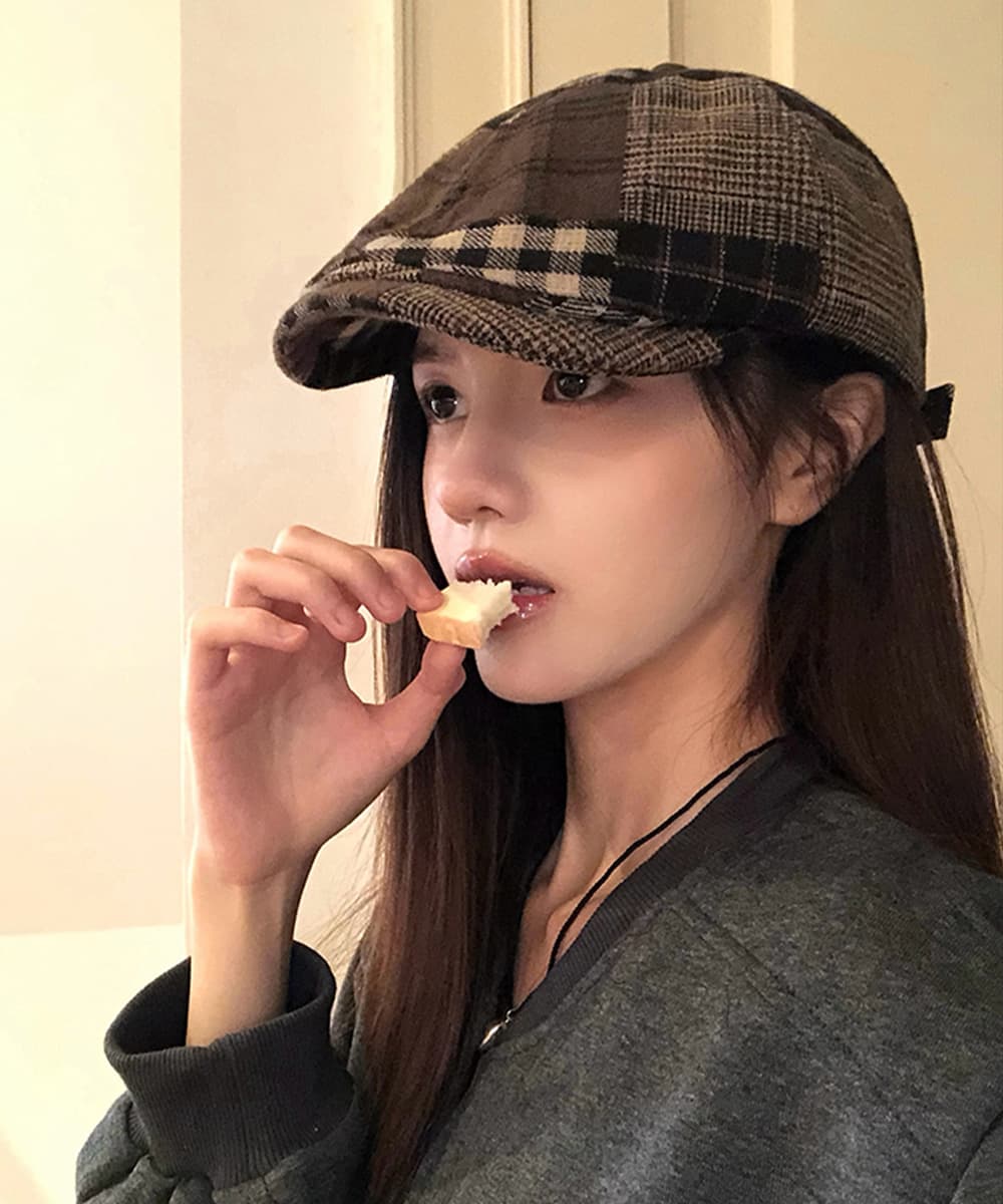 キャスケット レディース チェック柄ツイード 防寒帽子