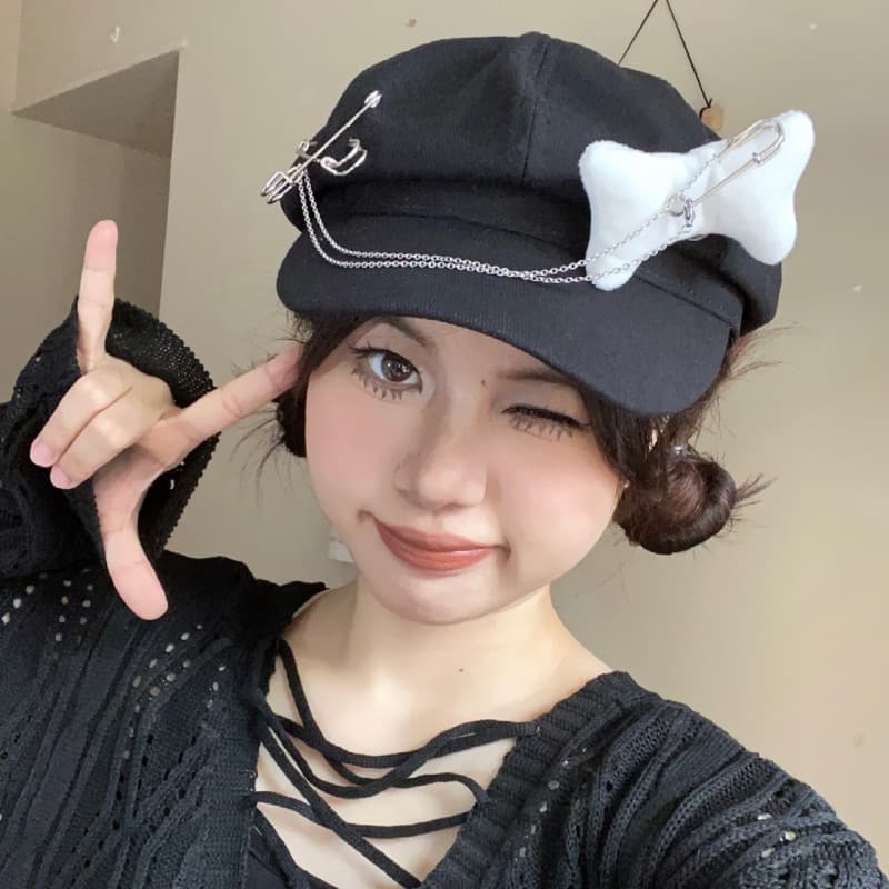 デザイン飾り付きツイードキャスケット 小顔効果帽子