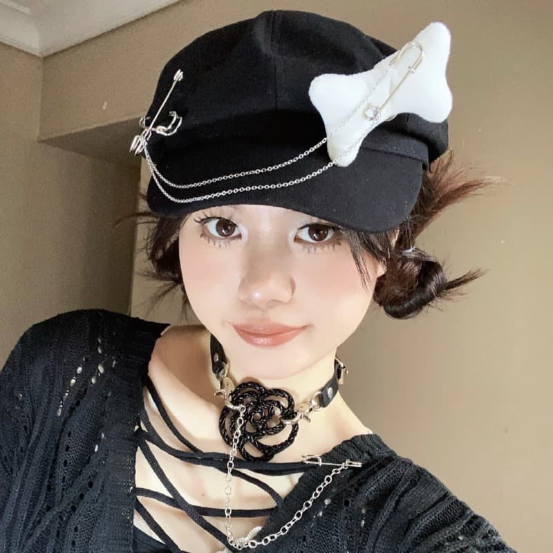 デザイン飾り付きツイードキャスケット 小顔効果帽子