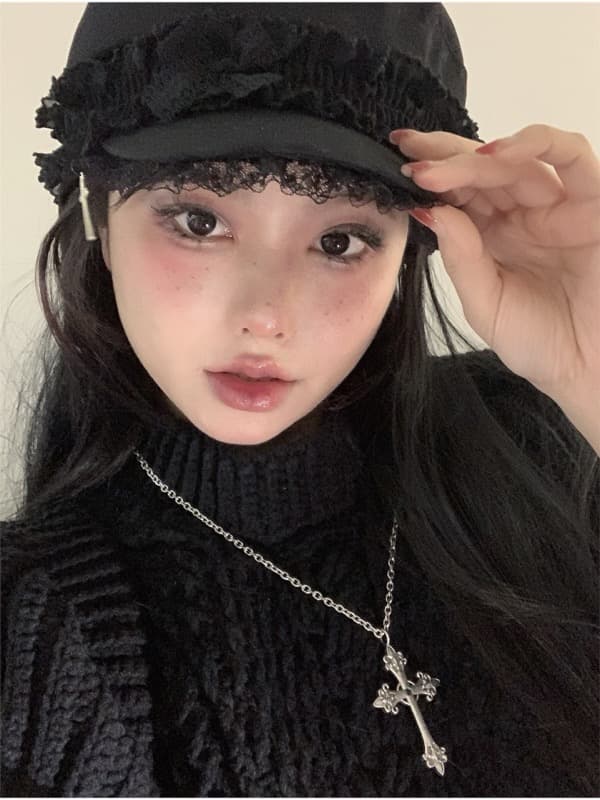 レース付き コーデュロイ キャスケット 十字架モチーフ