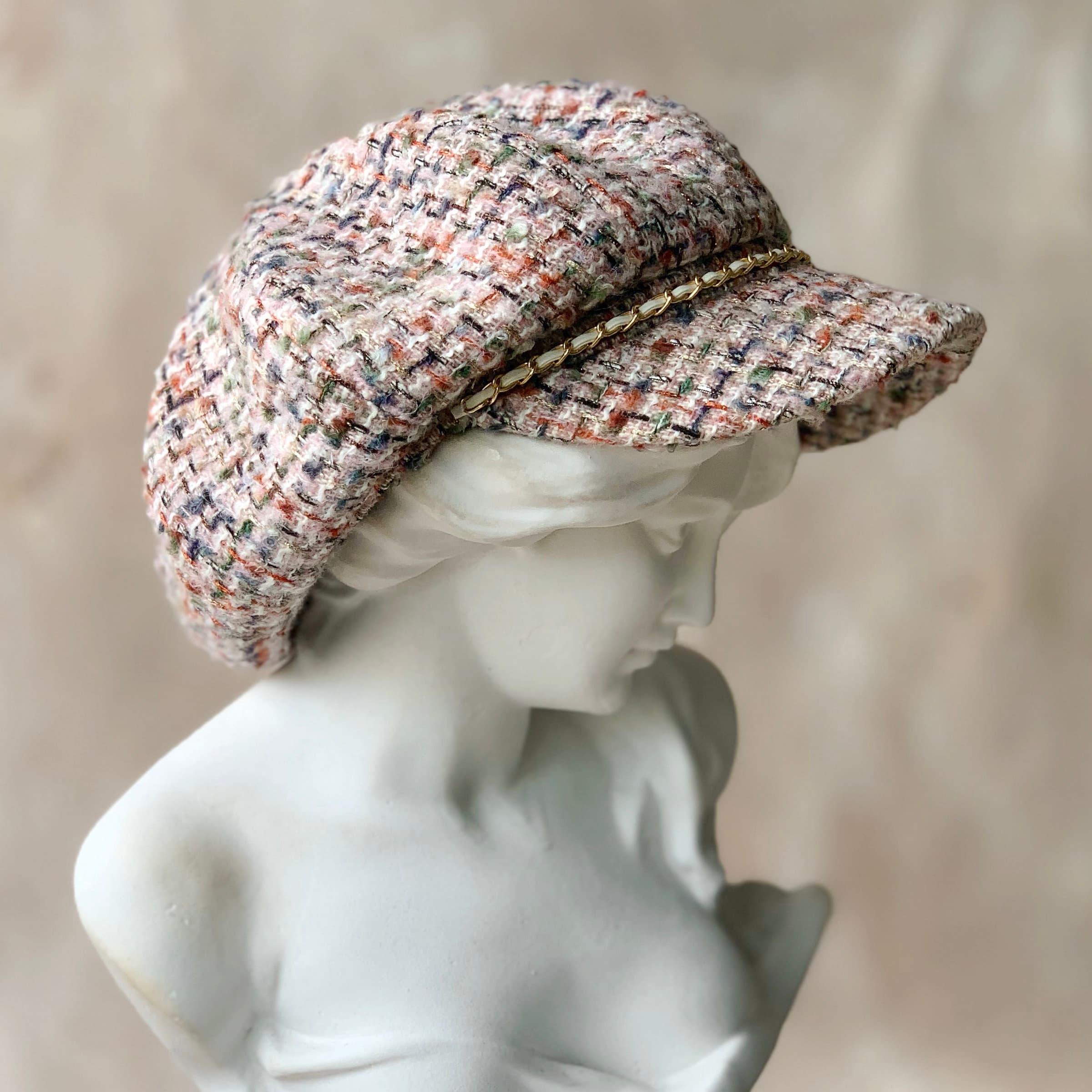 キャスケット 彩織りチェーン装飾ツイードキャスケット