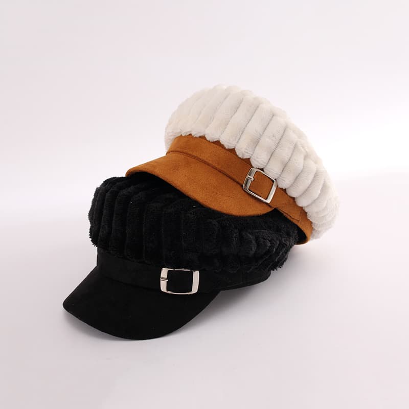 もこもこ素材つばありキャスケット防寒帽子　コーデュロイ