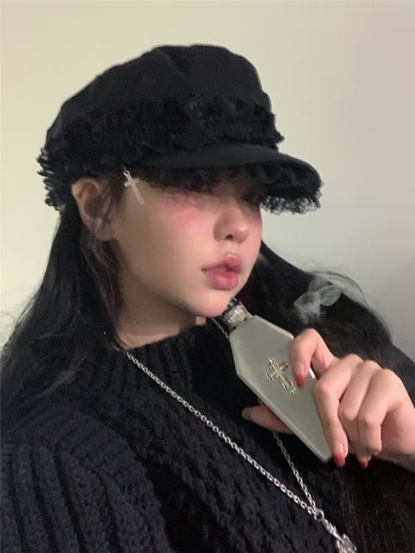 レース付き コーデュロイ キャスケット 十字架モチーフ
