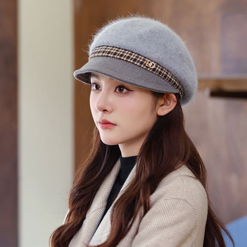 キャスケット　ハウンドトゥース飾り付き暖かキャスケット