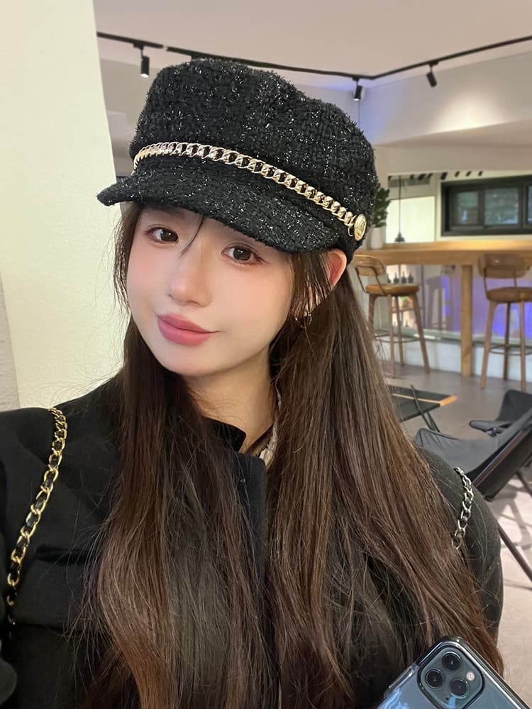 キャスケット 煌めき鎖飾りマリンツイードキャスケット